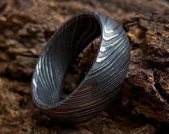 Simple Damascus Ring, Solid Damascus Band, Unique Mens Ring, Anniversary Gift for Him, Promise Ring, Engagement Ring, Dad Gift, Silver Ring