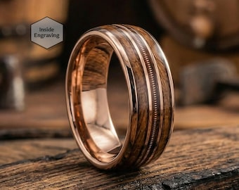 Whiskey Barrel Wood Ring, Guitar String Ring, Tungsten Ring, Unique Wedding Band, Anniversary Gift, Rose Gold, Promise Ring, Birthday Gift