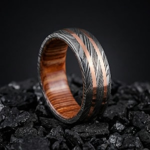 Unique Copper Damascus Ring, Whiskey Barrel Wood Ring, Best Damascus Gift for Men, Anniversary Gift, Promise Ring, Engagement Ring, 6mm, 8mm