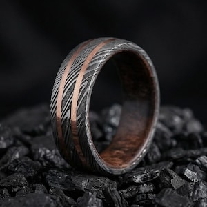 Copper Damascus Wedding Band, Unique Promise Ring, Gift for Him, Antique Copper & Wood Damascus Ring, Anniversary Gift, Mens Wedding Band