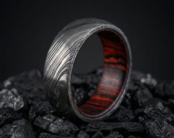 Unique Gift, Viking Ring, Damascus Ring Norse Ring, Promise Ring, Gift for Him, Unique Womens Ring, Unique Gift, Red Wood Ring