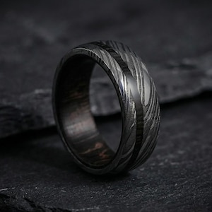 Unique Damascus & Wenge Wood Ring, Mens Wedding Band, Mens Ring, Anniversary Gift, Promise Ring, Engagement Ring, Silver Rings, Antique Ring