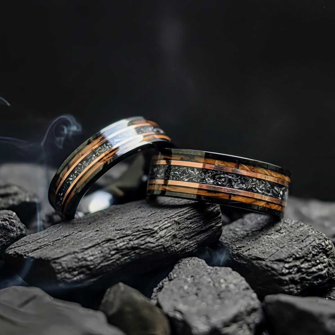 Matching Barrel Rings Meteorite Couple Wedding Rings, Rose Gold Rings, Anniversary Gift, His ...