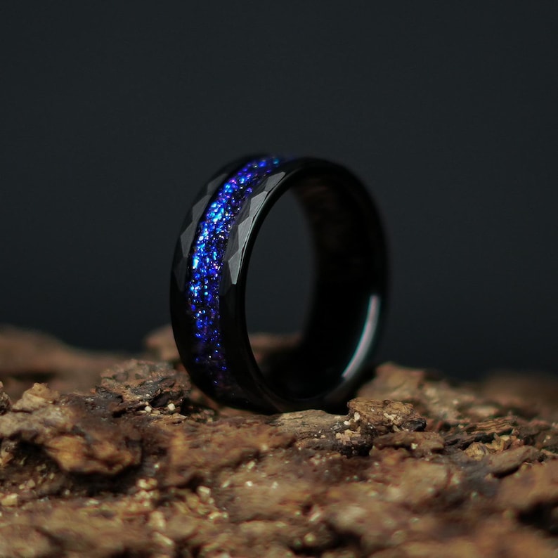 Black Galaxy Ring, Hammered Band, Unique Promise Ring, Space Ring, Mens ...