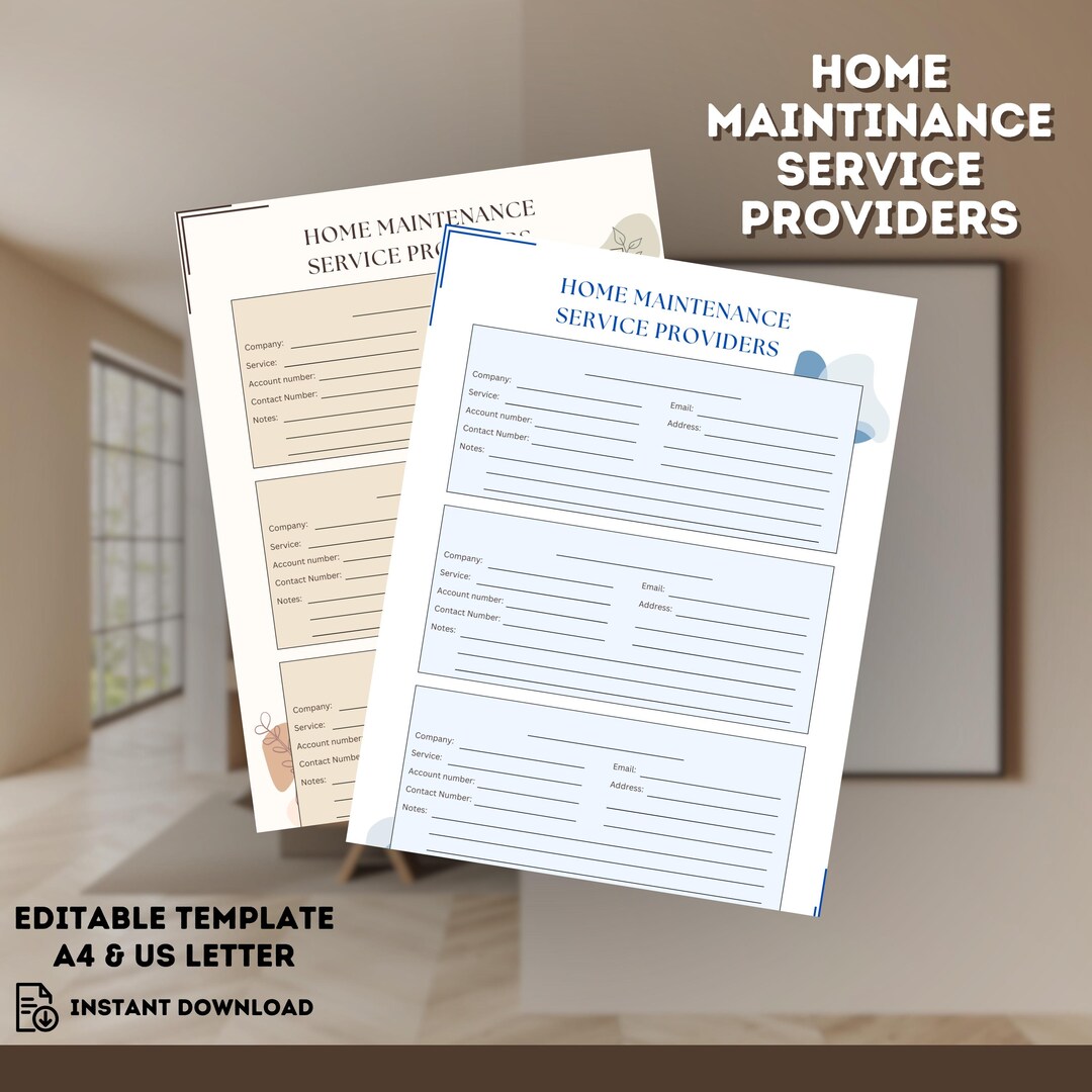 Service Provider List Document Home Maintenance Service Providers Printable, Homeowner Essential ...