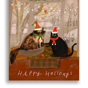 Happy Holidays Cozy Window Cats - Holiday Cat Card - Merry Christmas Cat Card