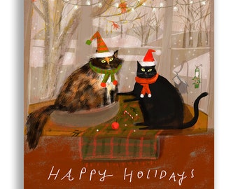 Happy Holidays Cozy Window Cats - Holiday Cat Card - Merry Christmas Cat Card