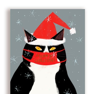 Carte de masque de chat de Joyeux Noël - Chat de chapeau de Santa