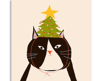 Tree Hat - Christmas Cat Card - Merry Christmas