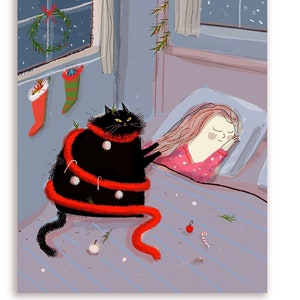 Funny Christmas Cat Card - Holiday Wake Up Call - Black cat - Limited Edition
