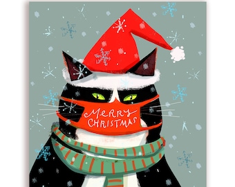 Merry Christmas Cat Mask Card- Green Eyes