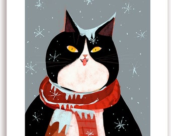 Snow Cat Print- Cat Painting - Snowflakes