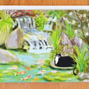 Koi Pond Kitty Card - Garden Cat - Tuxedo Cat- Calm Kitty