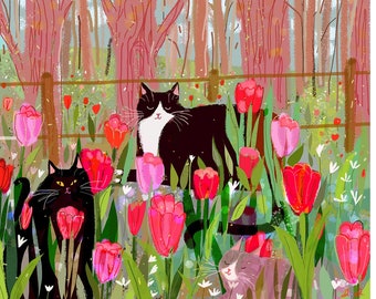 Tulip Cats - Spring Cat Print - Cat Painting - Fine Art Print