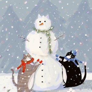 Cat Art - Snow Cat Print- Cat Painting - Snowman - Winter Art - Holiday Decor - Snow Cats