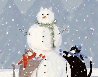 Cat Art - Snow Cat Print- Cat Painting - Snowman - Winter Art - Holiday Decor - Snow Cats