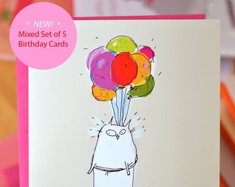 Mixed Set of 5 Birthday Cat Cards- New