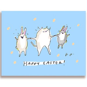Lustige Osterkarte - Ostertanz - Osterkatzenkarte mit Hasen