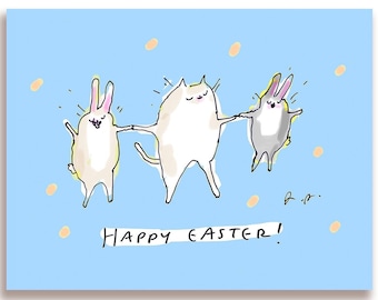 Funny Easter Card - Easter Dance - Easter Cat Card with bunnies