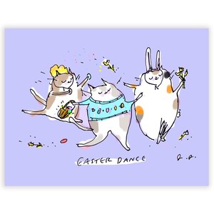 Carte de Pâques - Danse de Pâques - Carte de Pâques drôle - Carte de chat de Pâques - Fond violet