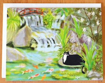 Koi Pond Kitty Card - Garden Cat - Tuxedo Cat- Calm Kitty