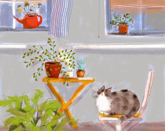 Peaceful Plant Kitty - Cat Art - Cat Painting - Cat Print