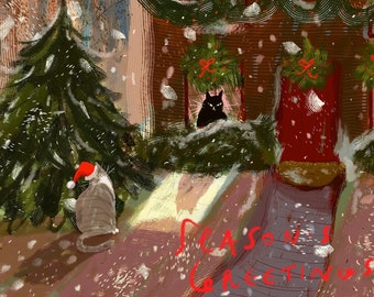 Season's Greetings - Holiday Visit - Christmas Cat Card