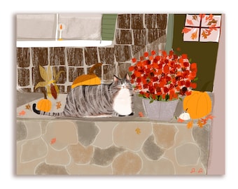 Fall Vibes- Front Porch Kitty Card- Fall Cat Card- Blank Inside