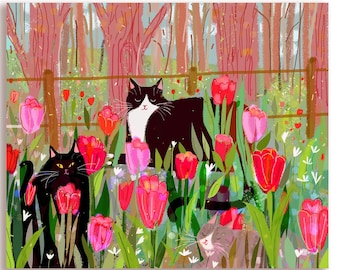 Tulip Cat Card - Spring Card - Garden Art