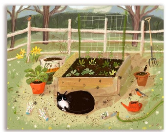Caja de jardín de primavera para bebés: tarjeta con gato de jardín