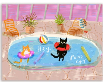 Hey Pool Cat Card - Summer Cats