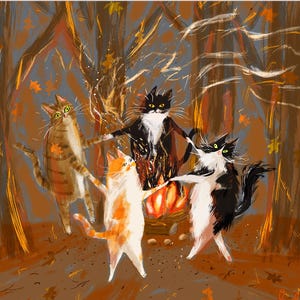 May include: An artistic illustration depicts five cats dancing around a bonfire in a forest setting. The cats have various fur patterns, including tabby, orange, black, and white. The background features autumn colors and falling leaves.