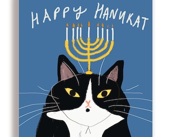 Happy Hanukat - Hanukkah Cat Card - Menorah Hat