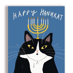 Happy Hanukat - Carte chat Hanukkah - Chapeau Menorah