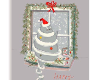 Happy Holidays - Window Cat Card - Christmas Cat Card - Limited edition