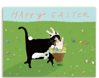 Chasse aux œufs de Pâques - Carte chat - Joyeuses Pâques