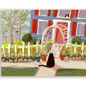 Visite printanière - carte chat - oeuvre d'art de jardin - carte chat printanier