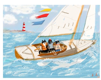 Sailboat Kitties - Limited Edition Print - Cat Art - Sailing - Nautical