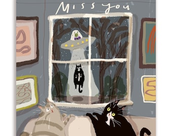 Tarjeta "Te extraño, gato" - Gato OVNI - El secuestro - Tarjeta divertida de gato