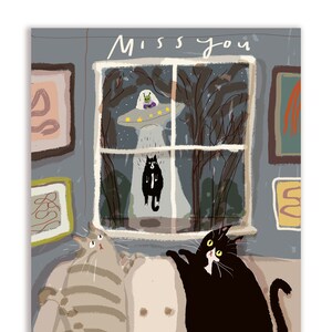 Miss You Cat Card - UFO Cat - The Abduction - Funny Cat Card