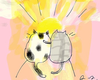 Friendship Cat Print - Summer Art - Sunset - Cat Art - Cat Gift