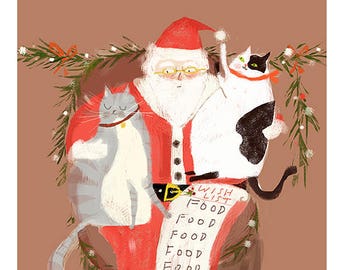 Puede incluir: Santa Claus, con un traje rojo y gafas, se sienta en un tronco de árbol con dos gatos. Los gatos son blanco y negro, y gris y blanco. Santa sostiene una lista que dice "Lista de deseos" y tiene "Comida" escrito varias veces.