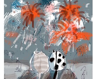 May include: Two cats sitting on a rooftop, looking at a fireworks display in the sky. The fireworks are red and orange, and the sky is gray. The cats are white and gray, and black and white.