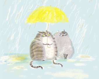 April Showers - Cat Print by The Dancing Cat - Yellow Umbrella - Cat Painting- Rainy Day