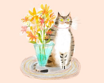 Cat with Flowers Print - Cat Art