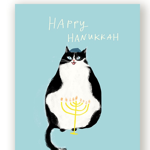 Carte Happy Hanukkah - Carte chat Hanukkah - Chat noir et blanc