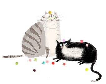 Cat Balls- Sunday Funday - Cat Print - New Cat Art - Modern Art