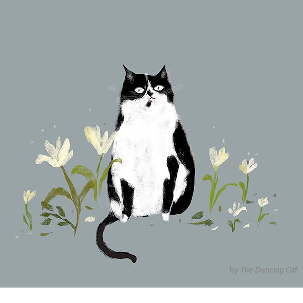 Nature Lover - Cat Painting - Garden Art - Tuxedo Cat in the Garden - Cat Print - Cottagecore