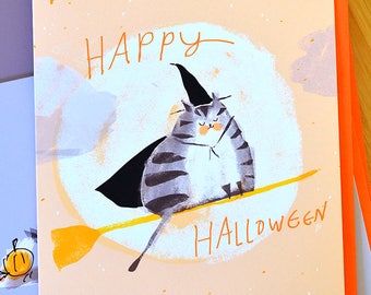 Halloween Cat Card - Broomstick Cat