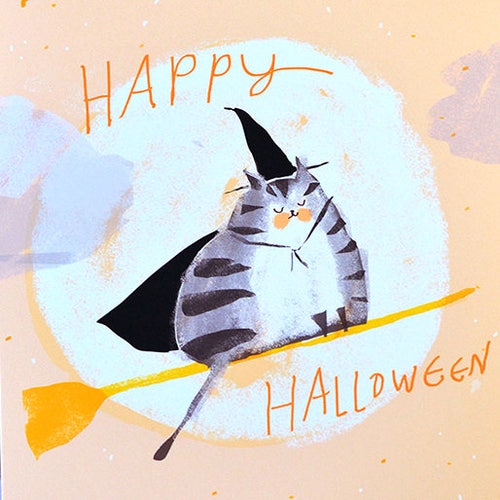 Halloween Cat Card - Broomstick Cat
